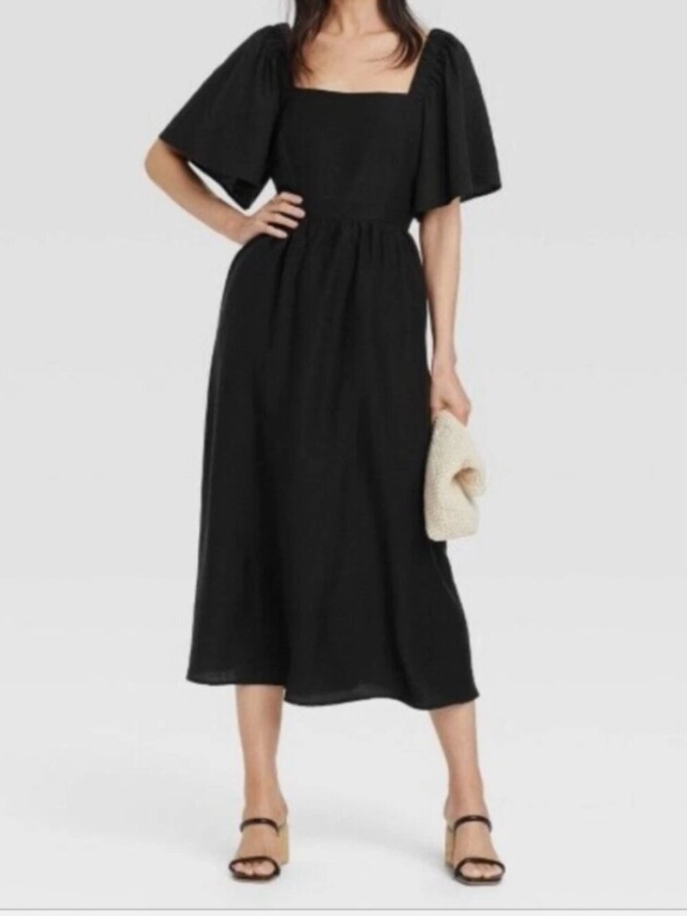 Women's 'A New Day' Black Flutter-Sleeve Open Back Midi Dress (Medium)